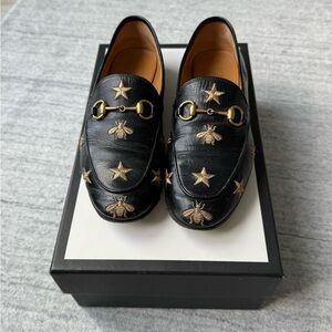 Gucci Black Leather Loafers with Gold Embroidery